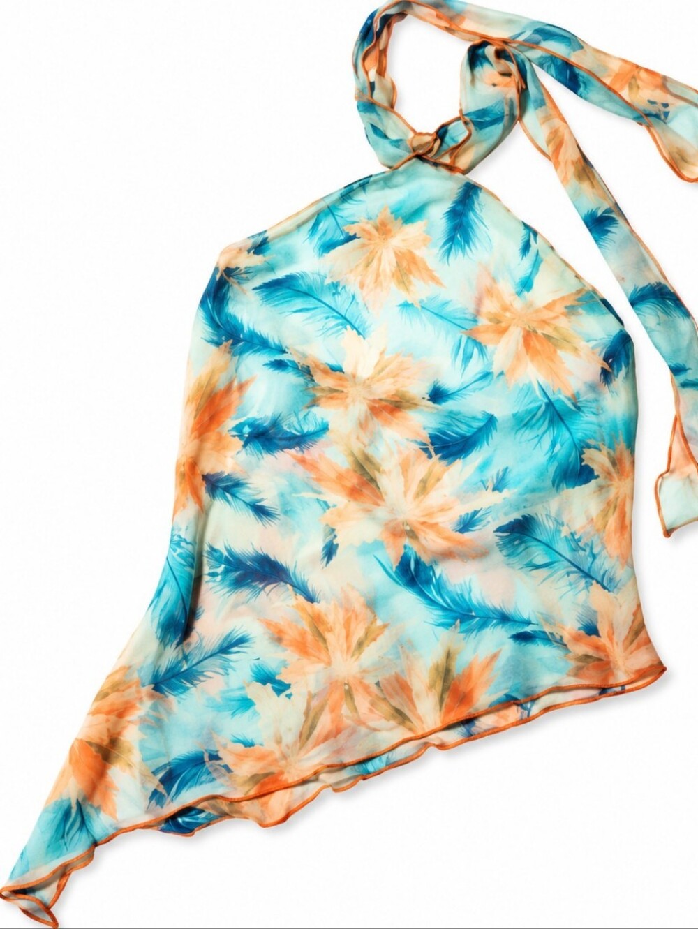 Tie-Neck Sheer Floral Feather Print Halter Top Women's Size Medium